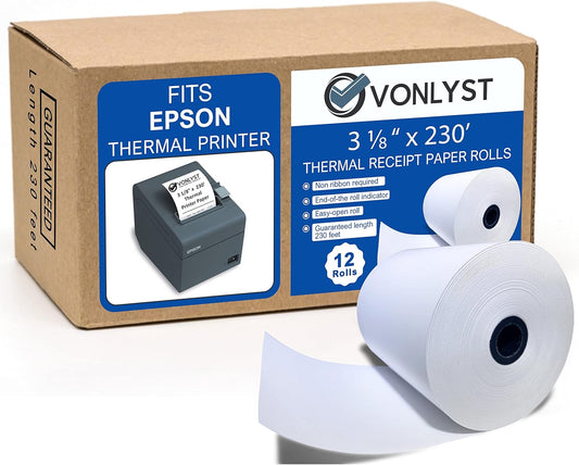 3 1/8 x 230 Thermal Paper Receipt Roll for Epson Printer (Pack 12 rolls)