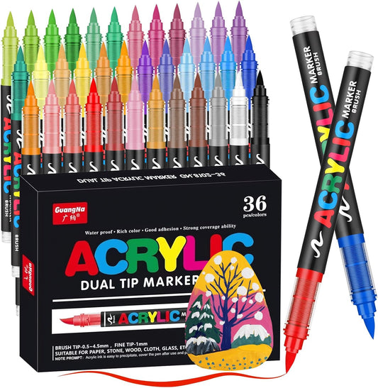 JRQ Acrylic Paint Markers Pens, 36 Colors Waterproof & Long-Lasting Ink, Brush Tip Acrylic Markers for Wood, Rock Painting, Glass, Canvas, Ceramic, Fabric, Plastic Art Crafts Supplies Kids Adult