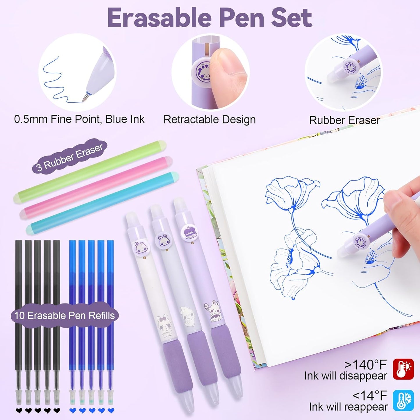 61 PCS Aesthetic School Supplies with Cute Pen Case, Pastel Highlighters, Gel & Erasable Pens, Mechanical Pencils, Refills, Complete Essentials Stationery Kit for Students (Purple)