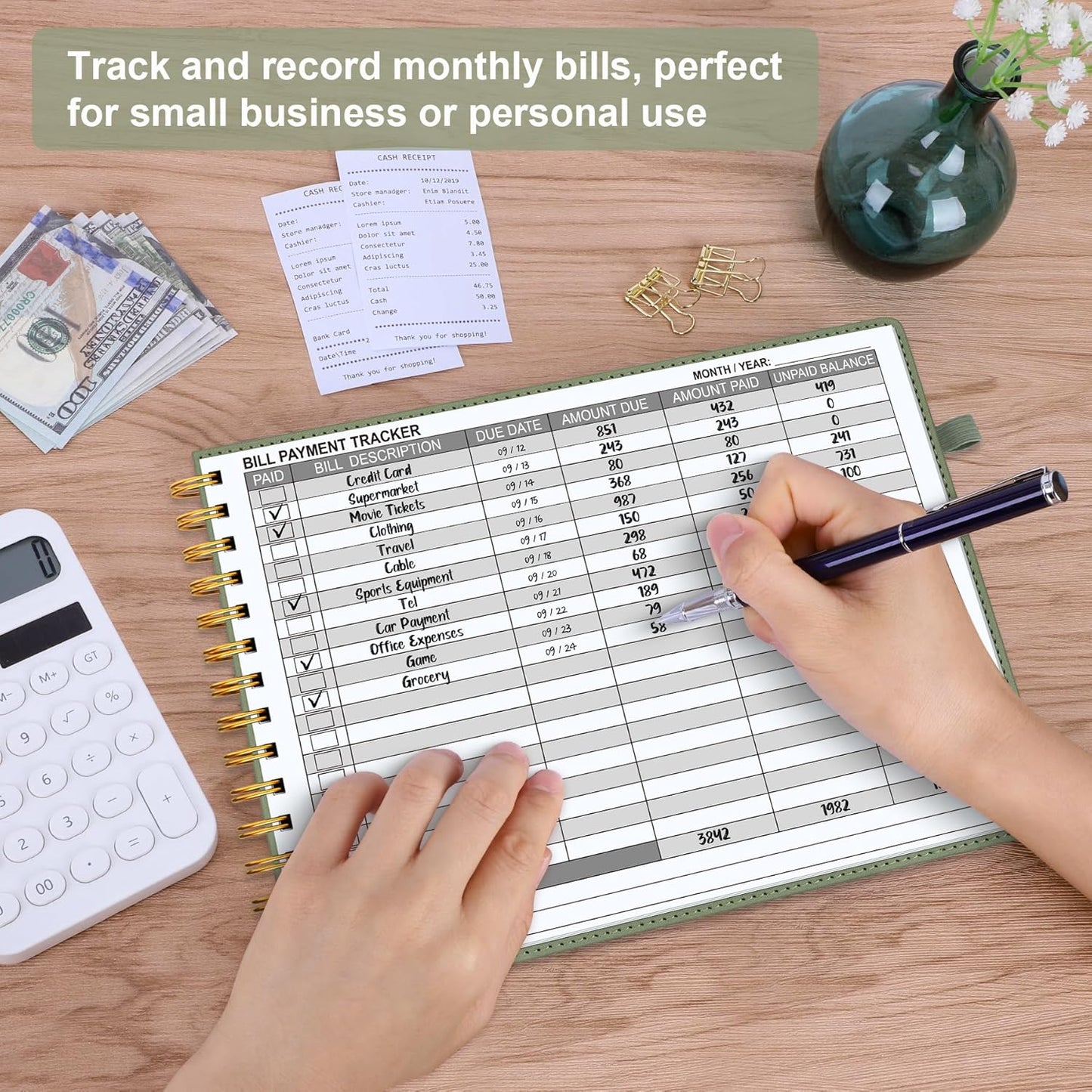 HAUTOCO Hardcover Bill Tracker Notebook Horizontal Monthly Bill Payment Organizer for Personal Budgeting Home Finance with 2 Storage Pocket Expense Checklist Tracking Planner 10.78 x 8'', Olive Green