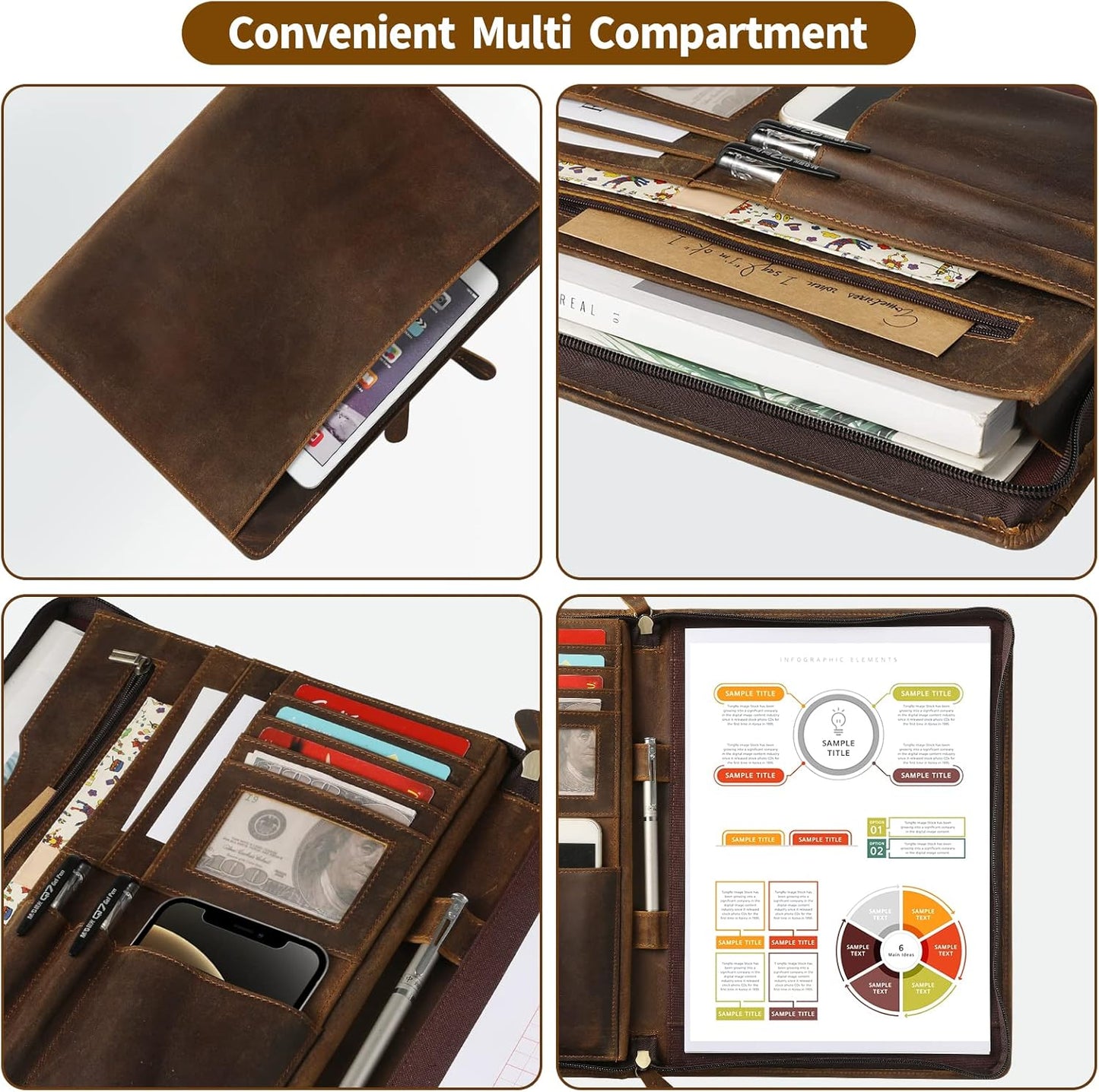 Ringsun Genuine Leather Portfolio with Zipper, Business Organizer for A4/Pad/Phone, Brown, RS63