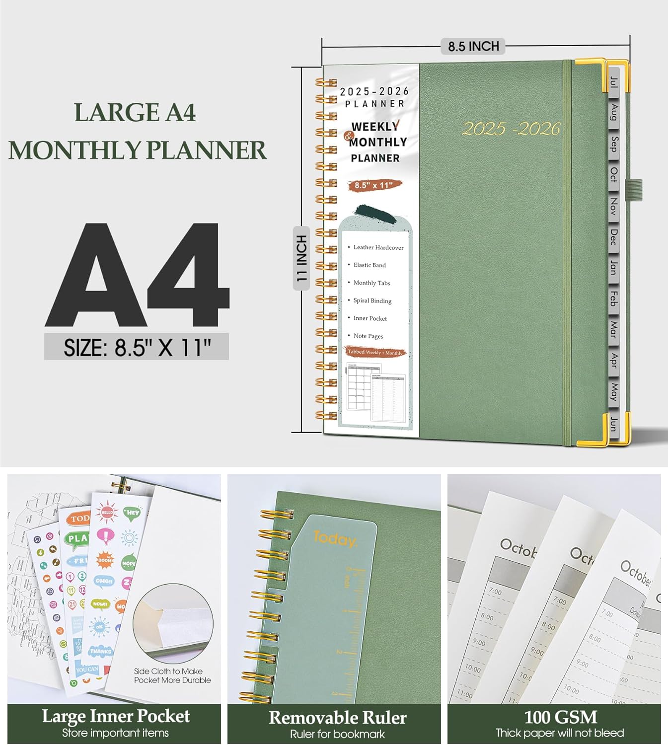 Academic Planner 2025-2026, Weekly and Monthly Calendar Planner from July 2025 - June 2026, 8.5" x 11" Hardcover Leather Hourly Appointment Book with Tabs, Spiral Daily Planners for College School Teacher Student, Green