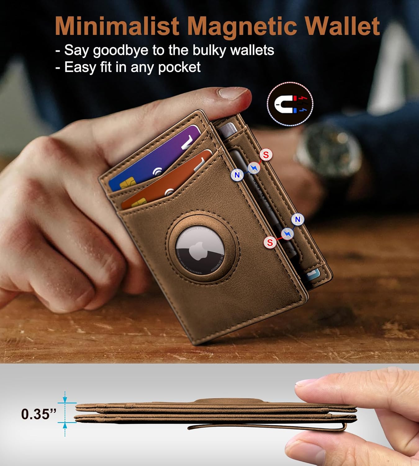 Airtag Wallet for Men- with Money Clip Gift Boxed, Magnetic Closure Slim Genuine Leather Front Pocket Wallet, 4.1"x 2.8", RFID Blocking