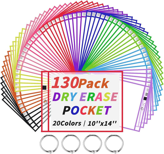 130 Packs Dry-Erase Pockets Bulk Oversized Reusable Dry Erase Pocket Sleeves with 7 Rings, 20 Assorted Colors 10x14 Ticket Holders, Clear Plastic Sheet Protectors, Teacher School Classroom Supplies