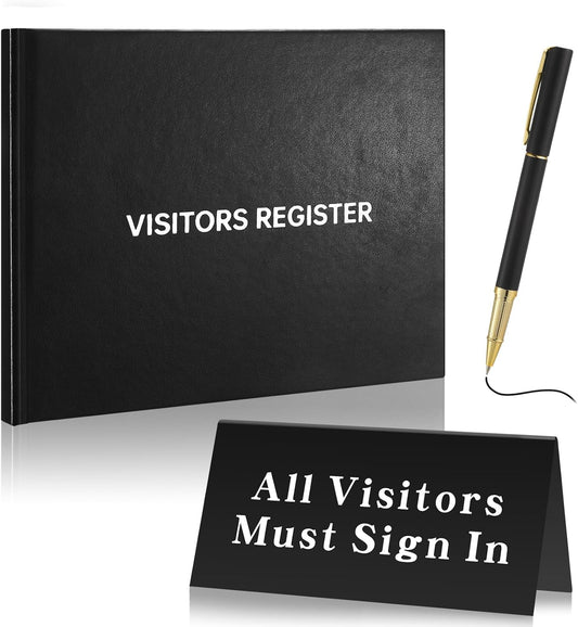 3 Pcs Visitor Log Book Set 120 Pages 8 7/8" x 7" Visitor Register Book Must Sign in Black Pens for Office Visiting Desk Wedding Reception and Events Reception Supplies
