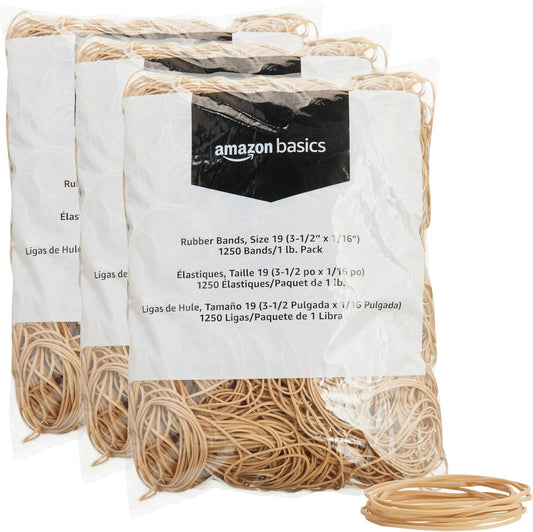 Amazon Basics Rubber Bands, Size 19 (3-1/2 x 1/16 Inch), 1250 Bands/1 lb. Pack, 3-Pack, Tan