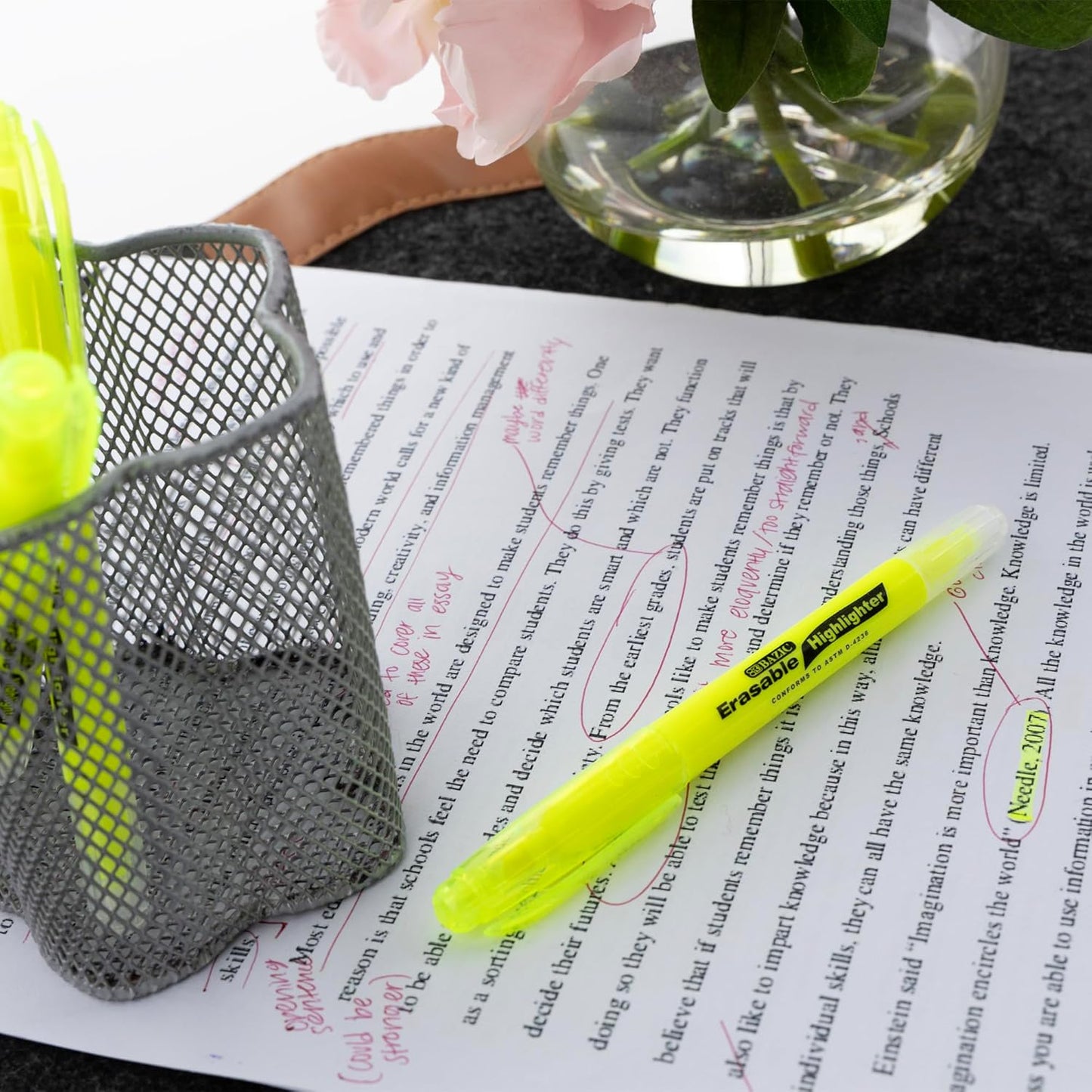 BAZIC Erasable Highlighter, Chisel Broad Line Fine Point Highlighters, Unscented Assorted Color Highlighting Coloring Erase Marker (3/Pack), 1-Pack