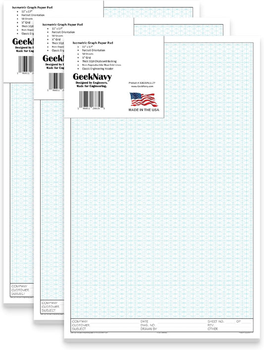 11" x 17" Isometric Graph Paper 50 Sheets Portrait - 0.25" Grid, Non-photo Blue, High Brightness, Drafting, Engineering, Art, 3D Design (3-Pack)