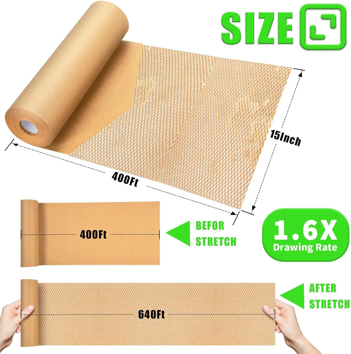 Honeycomb Packing Paper, MINHAO 15"x400' Eco Friendly Packing Paper for Moving Recyclable Honeycomb Paper Moving Supplies Bubble Paper Wrapping Protective Roll, With 36 Fragile Sticker Labels