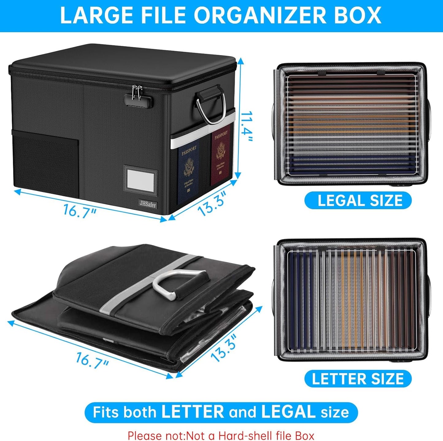 5200℉ Fireproof Document Box with Lock, Waterproof File Organizer with Handle, Portable Collapsible Filing Cabinet with Reflective Strip for Hanging Letter/Legal Folder, Black