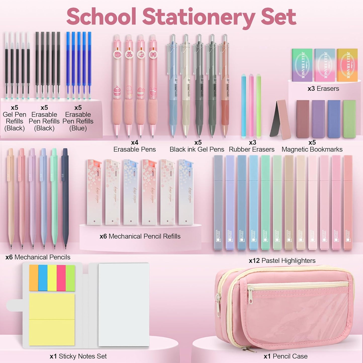 61 PCS Aesthetic School Supplies with Cute Pencil Case, Pastel Highlighters, Gel & Erasable Pens, Mechanical Pencils, Refills, Complete Essentials Stationery Kit for Students (Pink)