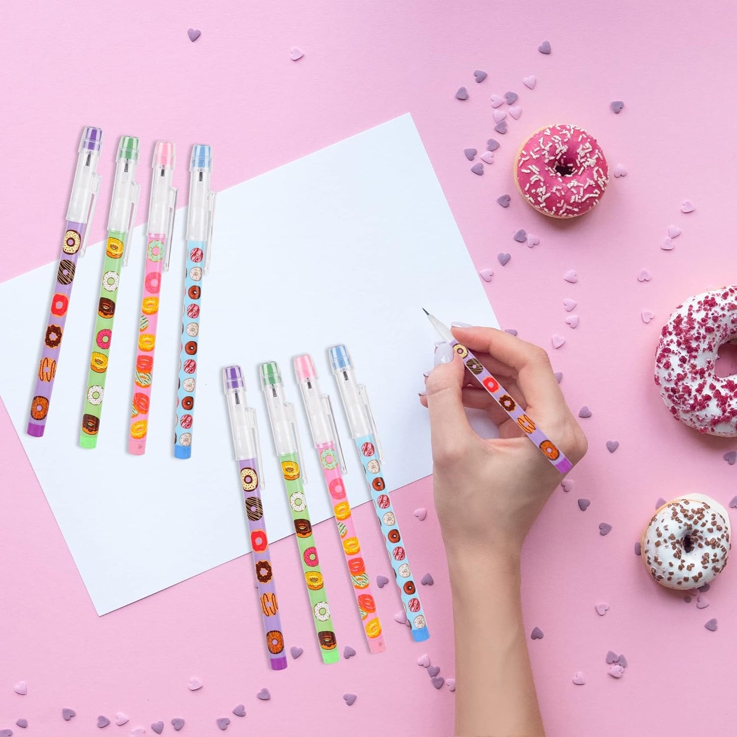 Kolewo4ever 48pcs HB Donuts Themed Translucent Pencil Fun Multipoint Pencil Multicolor Non Sharpening Stackable Pencils Pop Up Plastic Pencils for Classroom Rewards Carnival Prizes