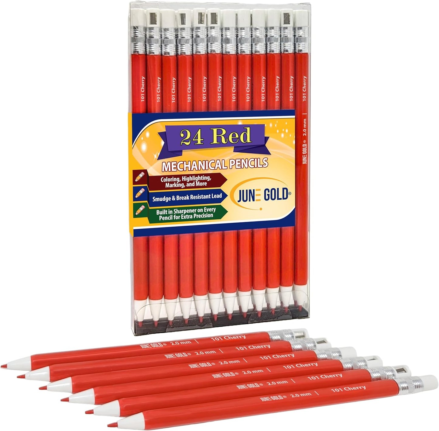 June Gold 24 Red 2.0 mm Mechanical Pencils with Red Color Leads, Bold Thickness, Built in Rear Sharpener (Cherry #101)