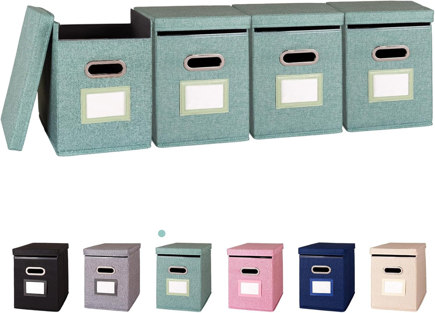 4 Pack Hanging File Folders Organizer with Lid, Letter Size Fabric File Storage Box Collapsible, Portable Office Document Holder with Metal Handle, Smooth PVC Rails, Green