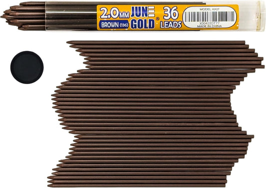 June Gold 36 Brown (Walnut #136) Colored 2.0 mm Lead Refills, Bold Thickness for Heavy Use, Break Resistant with a Convenient Dispenser