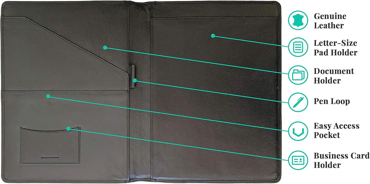 Personalized Premium Genuine Leather Portfolio Folder, Padfolio for Men and Women, with Business Card Holder, Pockets, Pen Loop, Document Organizer - Black