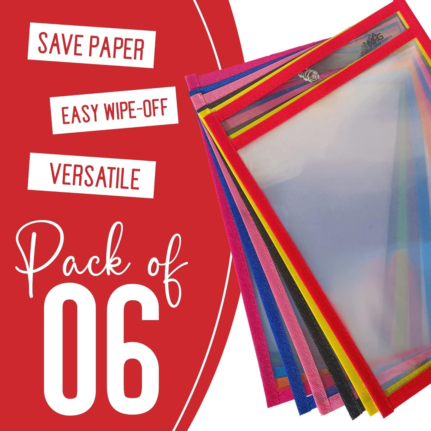 6 Packs Oversized Dry Erase Pockets Sleeves Reusable - 10x14 Dry Erase Sheets Ticket Holders 6 Assorted Colors with Binder Ring, Clear Plastic Sheet Protectors, Teacher School Classroom Supplies