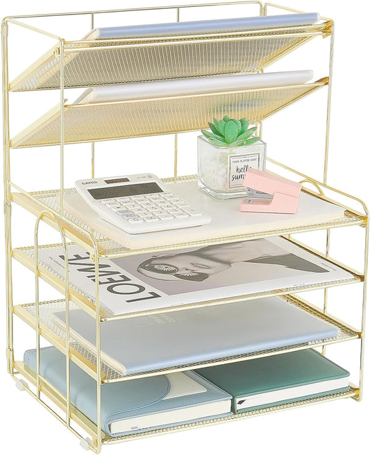 6-Tier Letter Tray Paper Organizer, Desk Organizers and Accessories, Desktop File Organizer, Office Desk Accessories for Office Supplies (Gold)