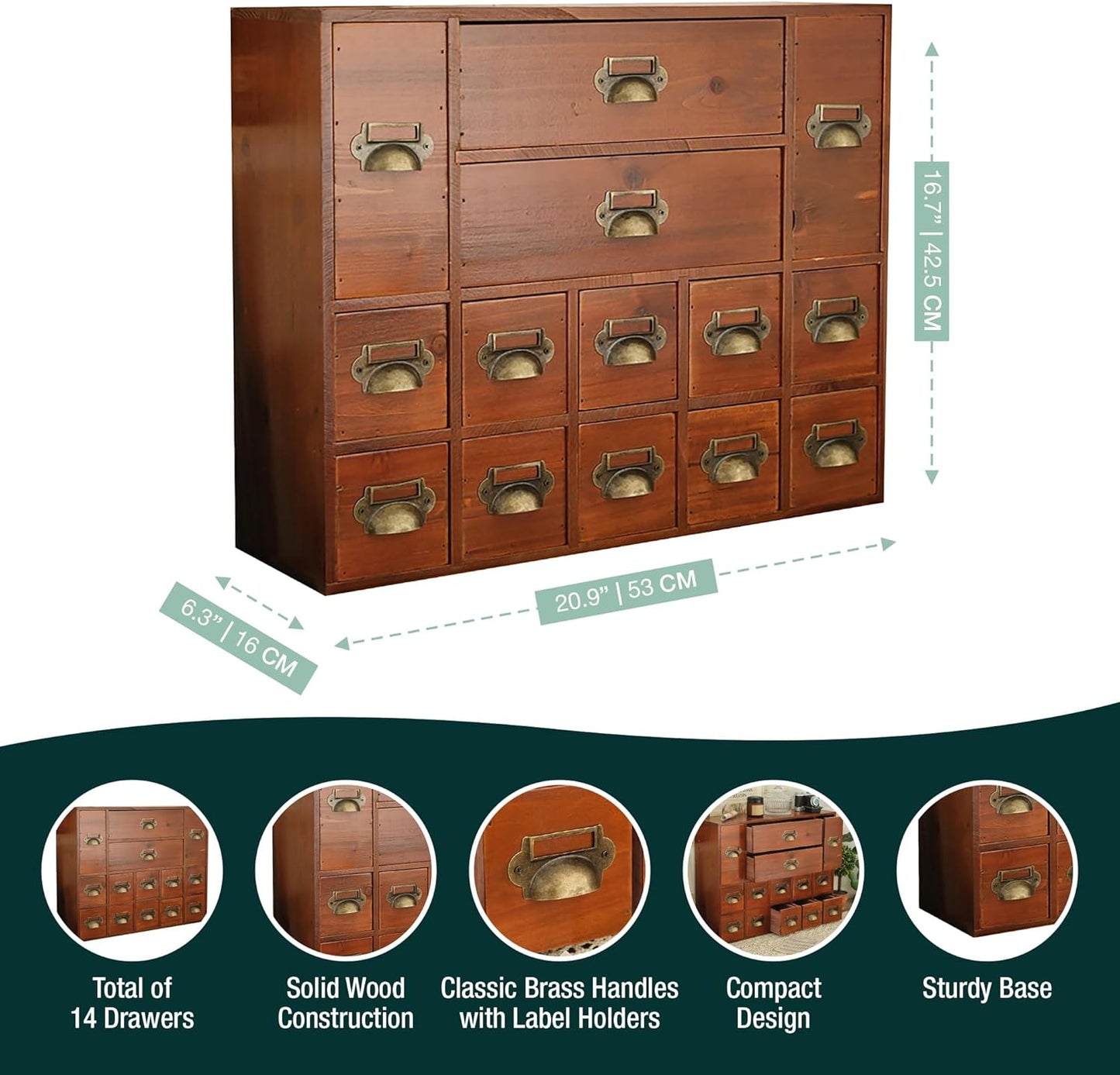 14-Drawer Apothecary Cabinet - Index Card Organizer - Miniature Chest of Drawers - Brass Handle Organizer - Kids' Arts and Crafts Storage - Wooden Desktop Drawer Organizer