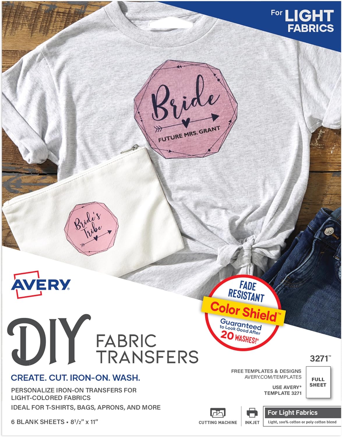 Avery Printable Heat Transfer Paper for Light Fabrics, 8.5" x 11", Inkjet Printer, 6 Iron On Transfers (3271)