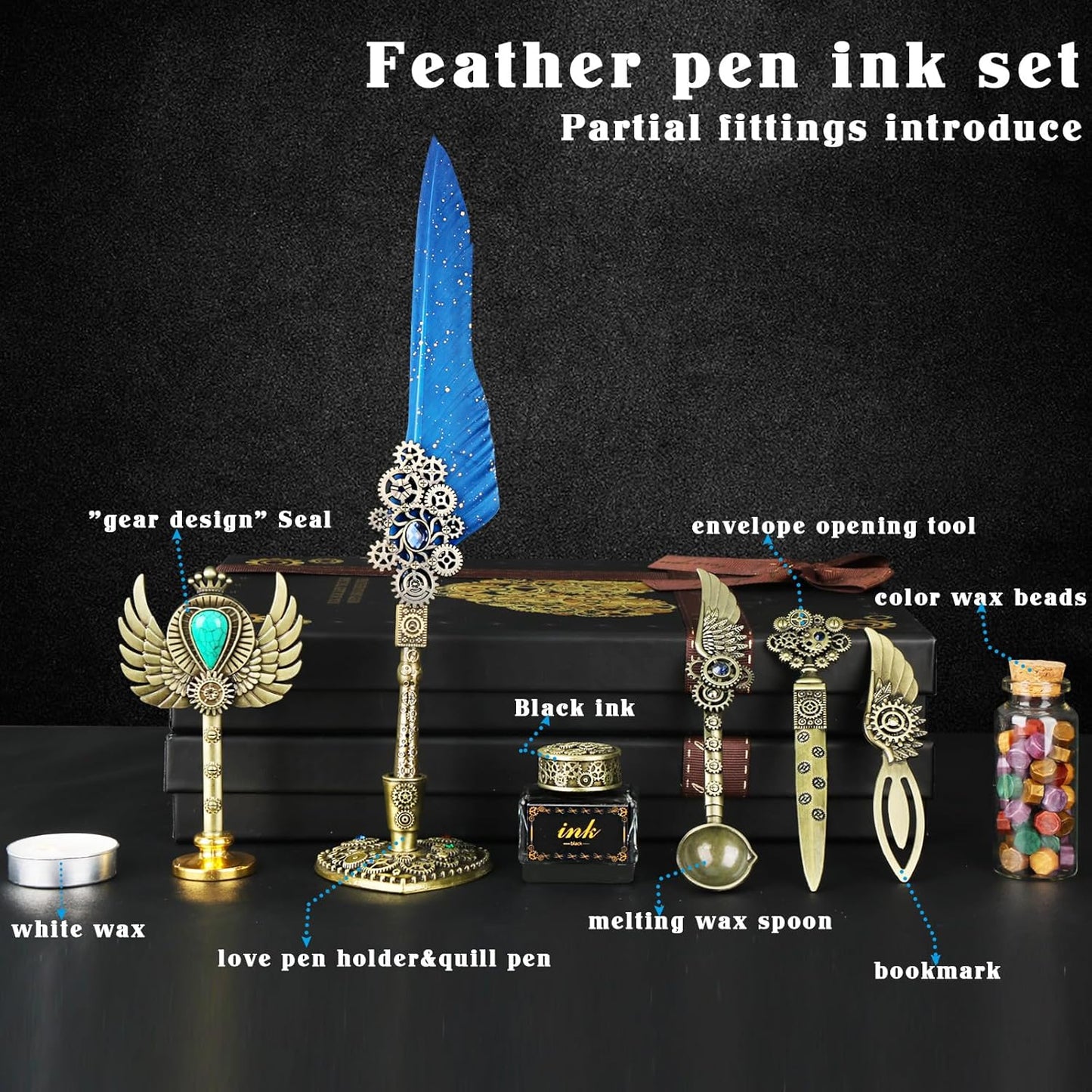 Aifeiter Quill Pen ink Set,Wax Seal Stamp Set,Calligraphy Pen ink Set,Feather Calligraphy Pen Set,Beautiful Gift Calligraphy Set,Christmas Gifts-Blue