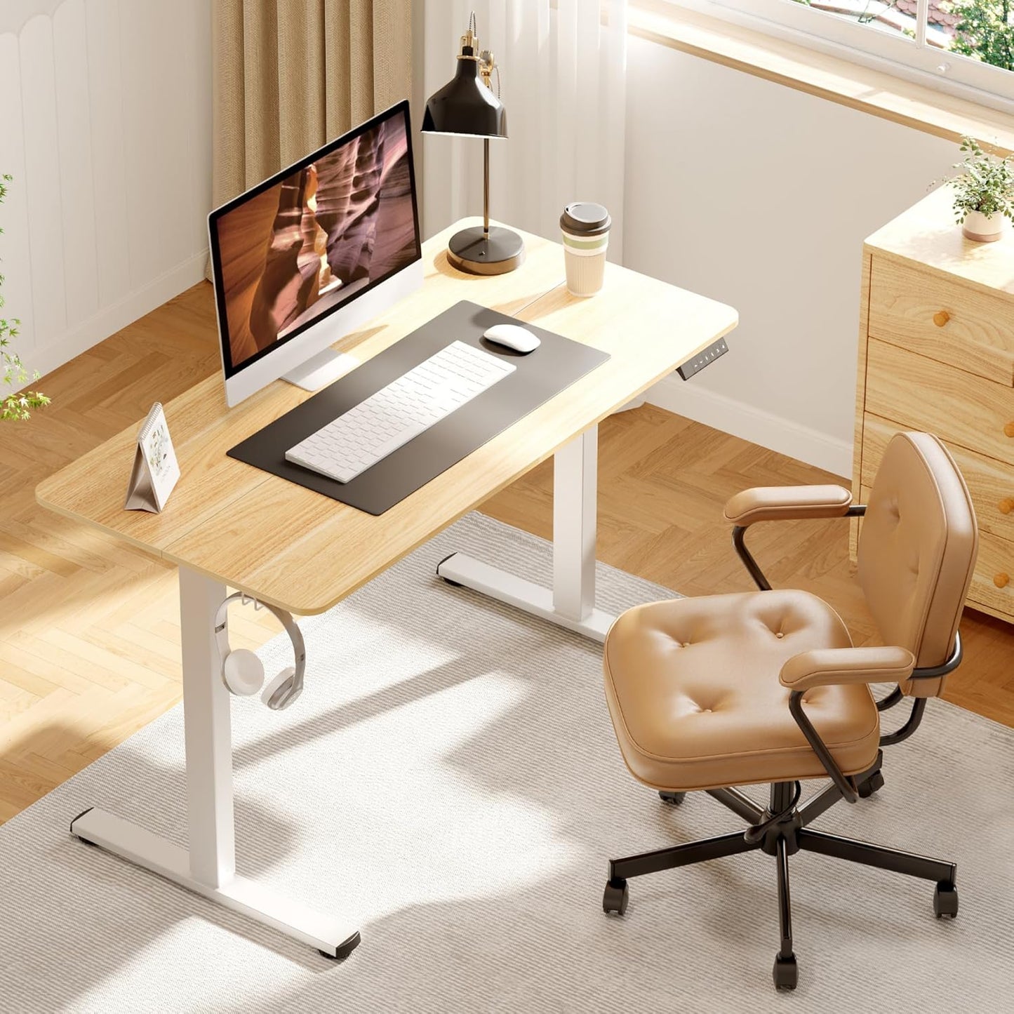Adjustable Stand Up Desk with Memory Preset,Electric Standing Desk 47 x 24 Inch Home Office Desk Computer Workstation Sit Stand Desk, Splice Maple Top + White Frame