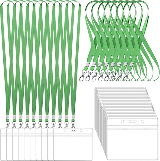 100 Pack Lanyards for ID Badges with Clear Name Tags, Reusable Lanyards Horizontal ID Card Badge Holders Plastic Name Badges for Men Women Kids Business School and Office Supplies (Green)