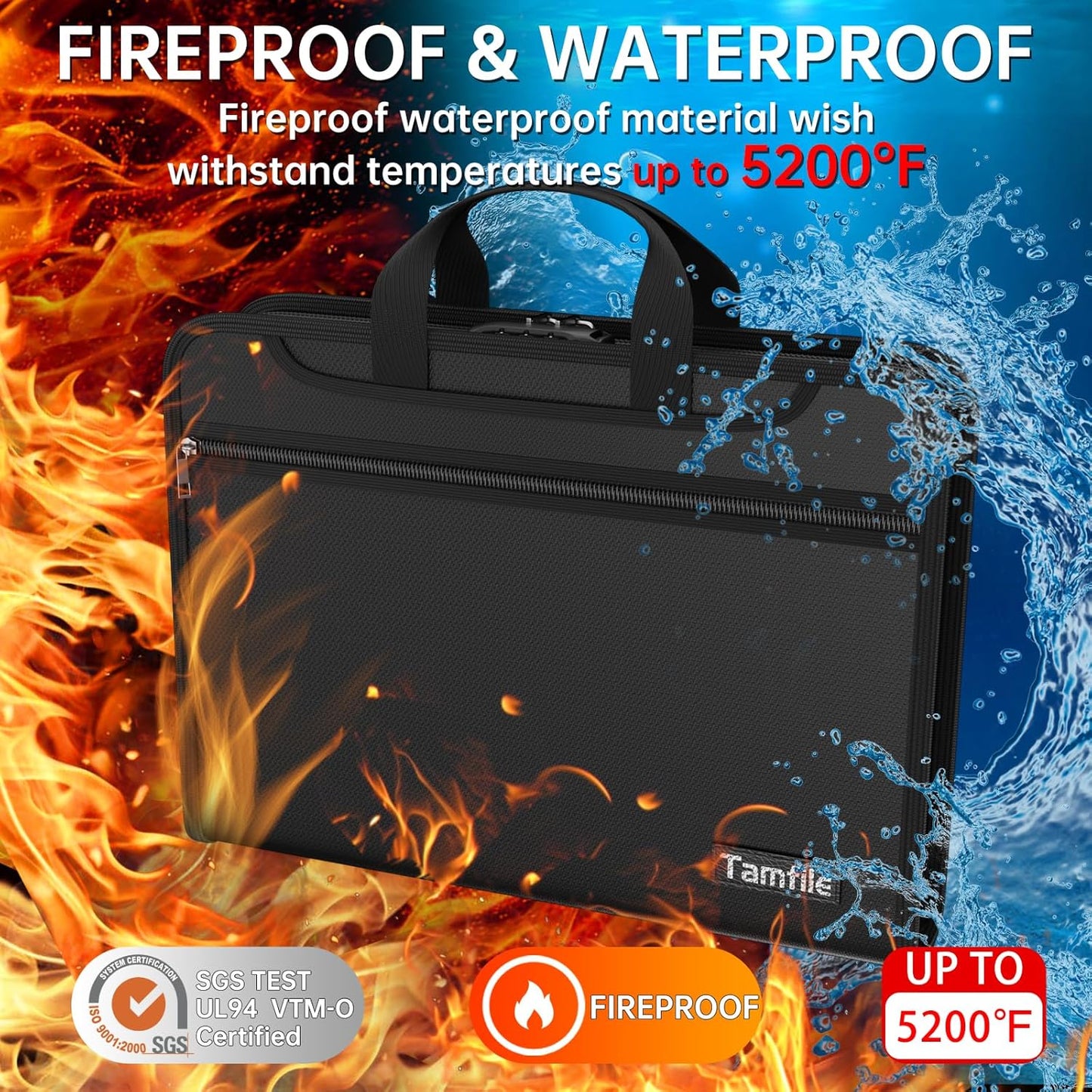 5200℉ Fireproof Accordion File Organizer with Lock, Thickened Document Organizer 13 Pocket with Zipper & Labels, Important Document Organizer, Expanding File Folder with Handle for Letter A4 (Black)