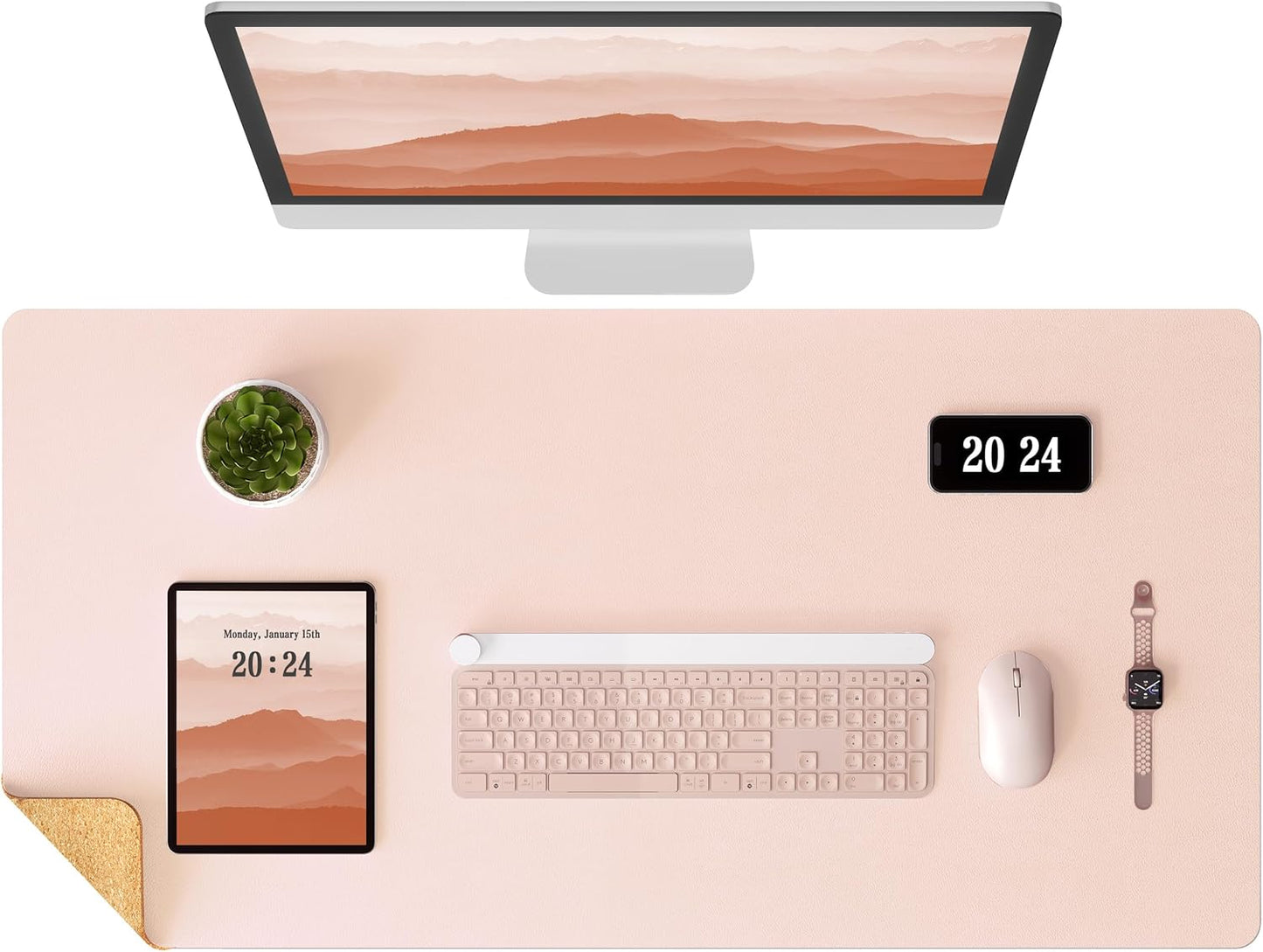 Aothia Double-Sided Desk Pad – 35.4" x 15.7" Leather Desk Mat with Eco Cork Protector, Large Mouse Pad, Waterproof Desk Blotter for Office/Home (Pink)