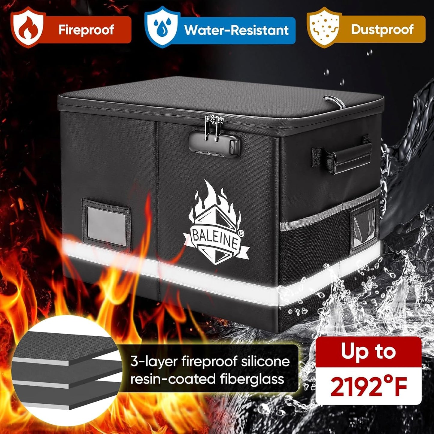 BALEINE Fireproof Document Box with Lock, Portable Fireproof Document Bag Waterproof Fire Proof File Boxes for Documents, File Organizer Box for Important Paperwork (Sliver, 16''x12.5''x11.5'')