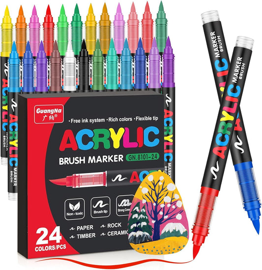 JRQ Acrylic Paint Markers Paint Pens, 24 Colors Direct Liquid System & Brush Tip, Premium Acrylic Markers for Wood, Rock Painting, Glass, Canvas, Ceramic, Fabric, Plastic Art Crafts Supplies
