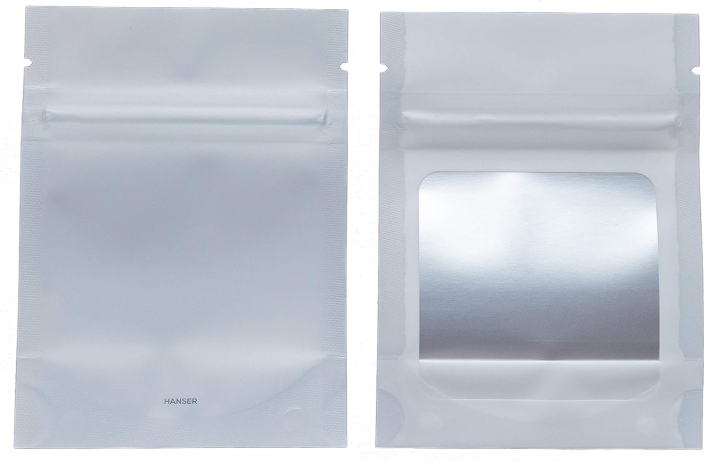 HANSER | Smell Proof Odorless Mylar Resealable Foil Pouch Bags with clear Window | Stand up bottom | Airtight | matte white | 100 Pieces | 3x4 inches