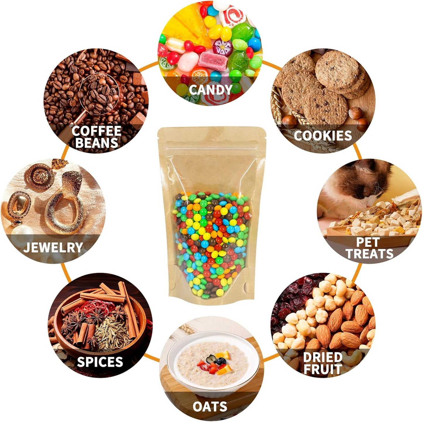 100 PCS Resealable Bags, Stand Up Kraft Bags with Window Clear Front Pouches, Zipper Lock Food Storage Bags 7.87×11.81 Inch Reusable Sealable Bags for Packaging