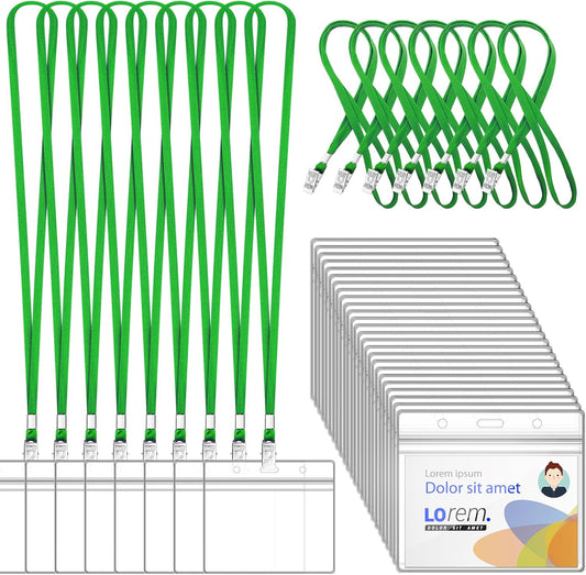 100Pcs Lanyards for ID Badges and 100 Pcs Clear Plastic Horizontal Name Badge ID Card Holders, Flat Neck Lanyards with Clip Waterproof Resealable Name Tag Badge ID Card Holders (Green)