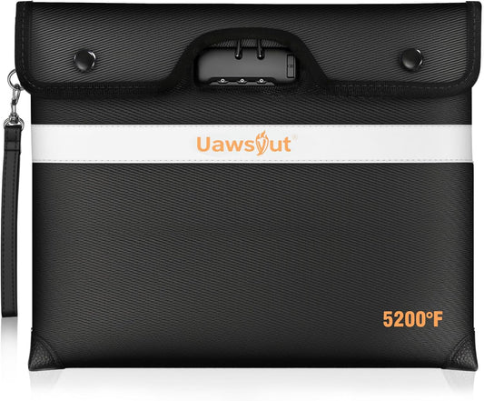 5200℉ Fireproof Document Bag with Lock, Portable Money Bag with Zipper Closure, Waterproof Envelope with Reflective Strip for A4 Letter, Tablet, Valuables, Cash and Passport(14.3"x11.2", Black)