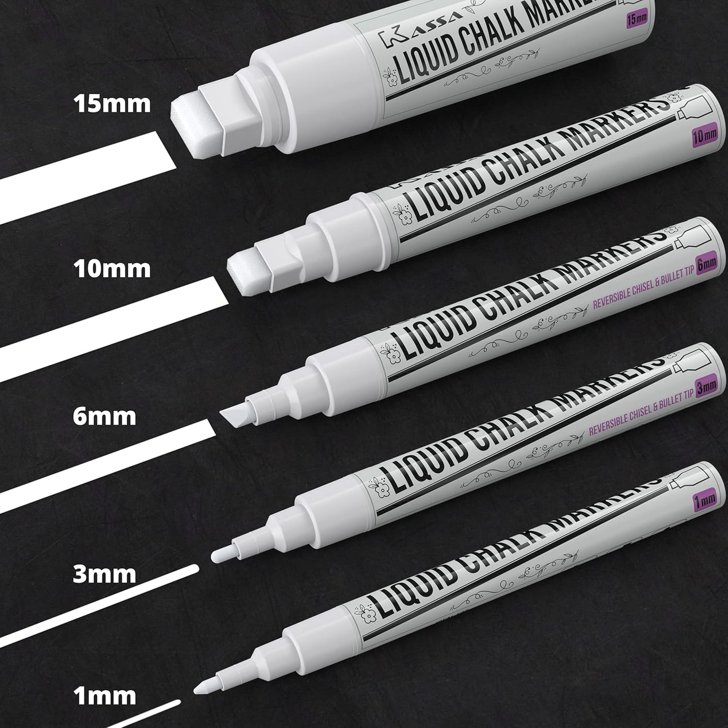 Kassa 5-Pack White Chalk Markers | Includes 1mm, 3mm, 6mm, 10mm & 15mm Tips | Works on Chalkboards, Windows & Glass | Erasable, Dust-Free & Washable | Ideal for Use at Home, School, Office & More