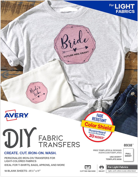 Avery Printable Heat Transfer Paper for Light Fabrics, 8.5" x 11", Inkjet Printer, 162 Iron On Sheets (8938)