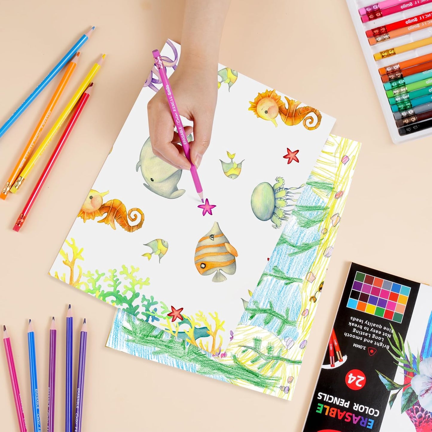 24-Count Erasable Colored Pencils with Erasers - Vibrant & Smooth Colors for Drawing, Coloring Books, School Art Projects - Premium Art Supplies for Kids, Adults & DIY Crafts