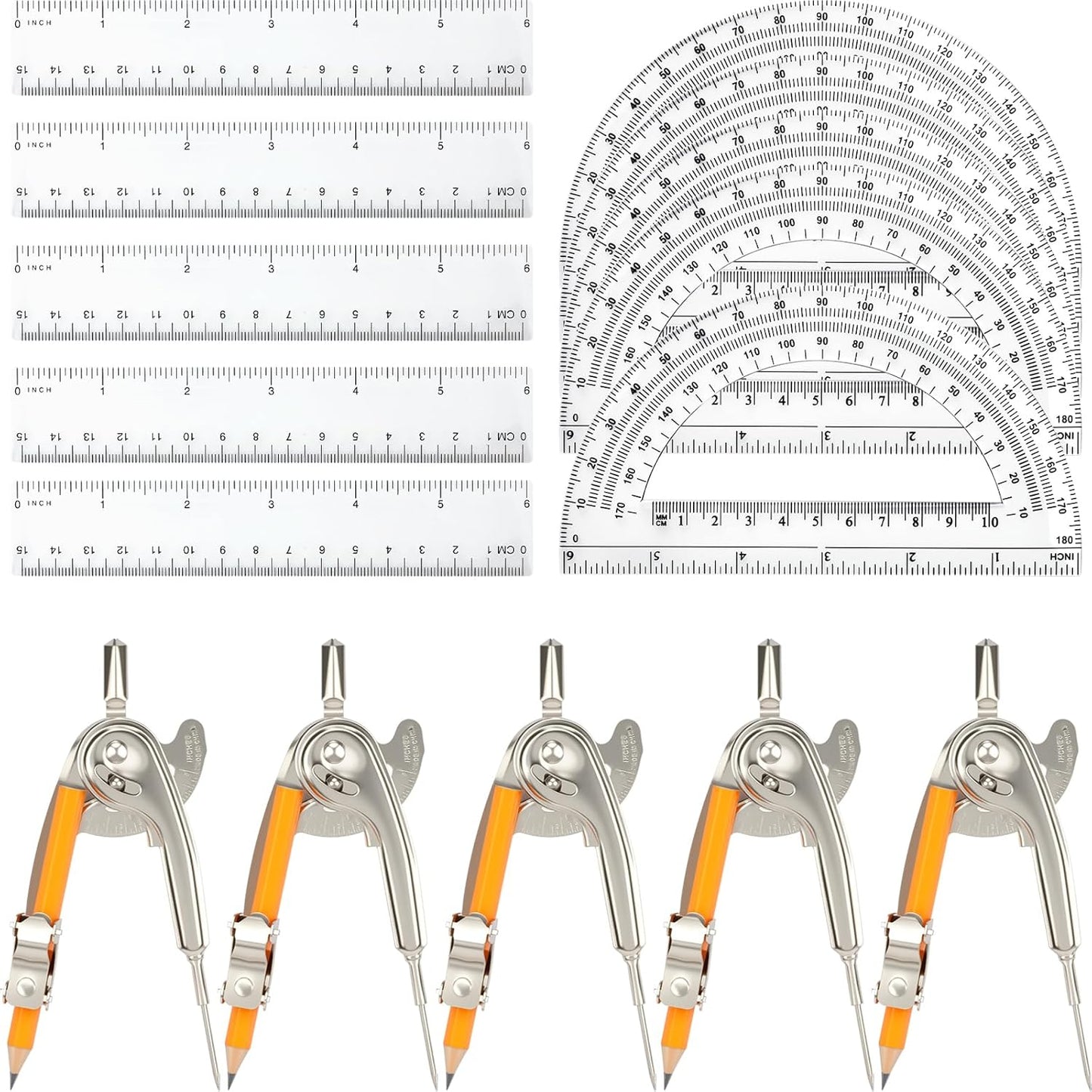 20 Pieces Geometry Math Set Compass for Geometry Math Compass and Protractor Set Include Metal Compass with Pencil Plastic Ruler and Protractor for Student School Office Woodworking Drawing Tools