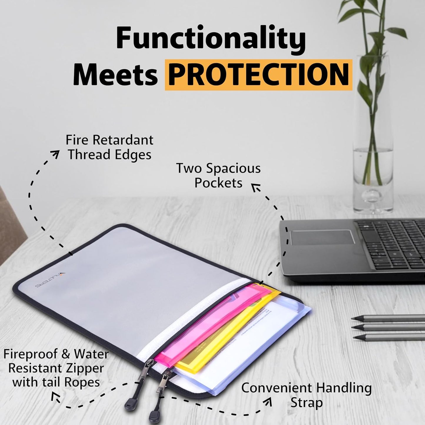 2000°F Upgraded Fireproof Document Bag - 15"x11" Fireproof & Waterproof Document Bag with Dual Pockets & Zipper, Silicone-Coated Fire Safe Bag for Cash, Documents, Passport, Valuables & Legal Files