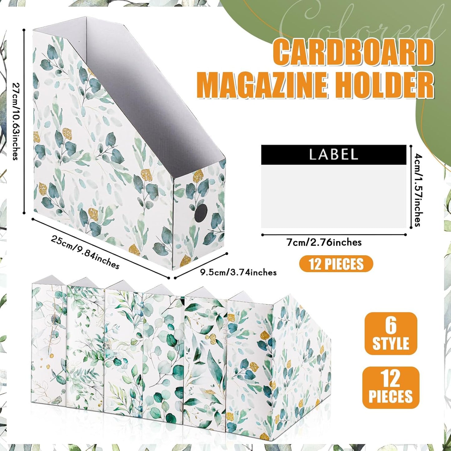 PerKoop 12 Pcs Magazine File Holder Foldable Decorative Cardboard File Folders 6 Patterns Floral Colored Magazine Rack with Printable Sticker Labels for School Office Home Desk (Eucalyptus Leaves)