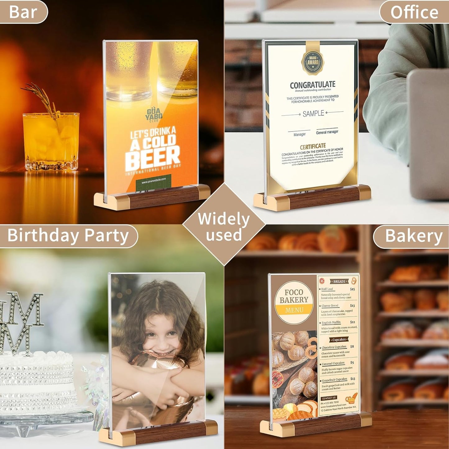 Acrylic Sign Holder 5" x 7" with Wood-Color Base, Tabletop Double-Sided Display Sign Frame Vertical Clear for Store/Coffee Shop/Restaurant Menu Hotel Display Board, 3 Pack T Shape