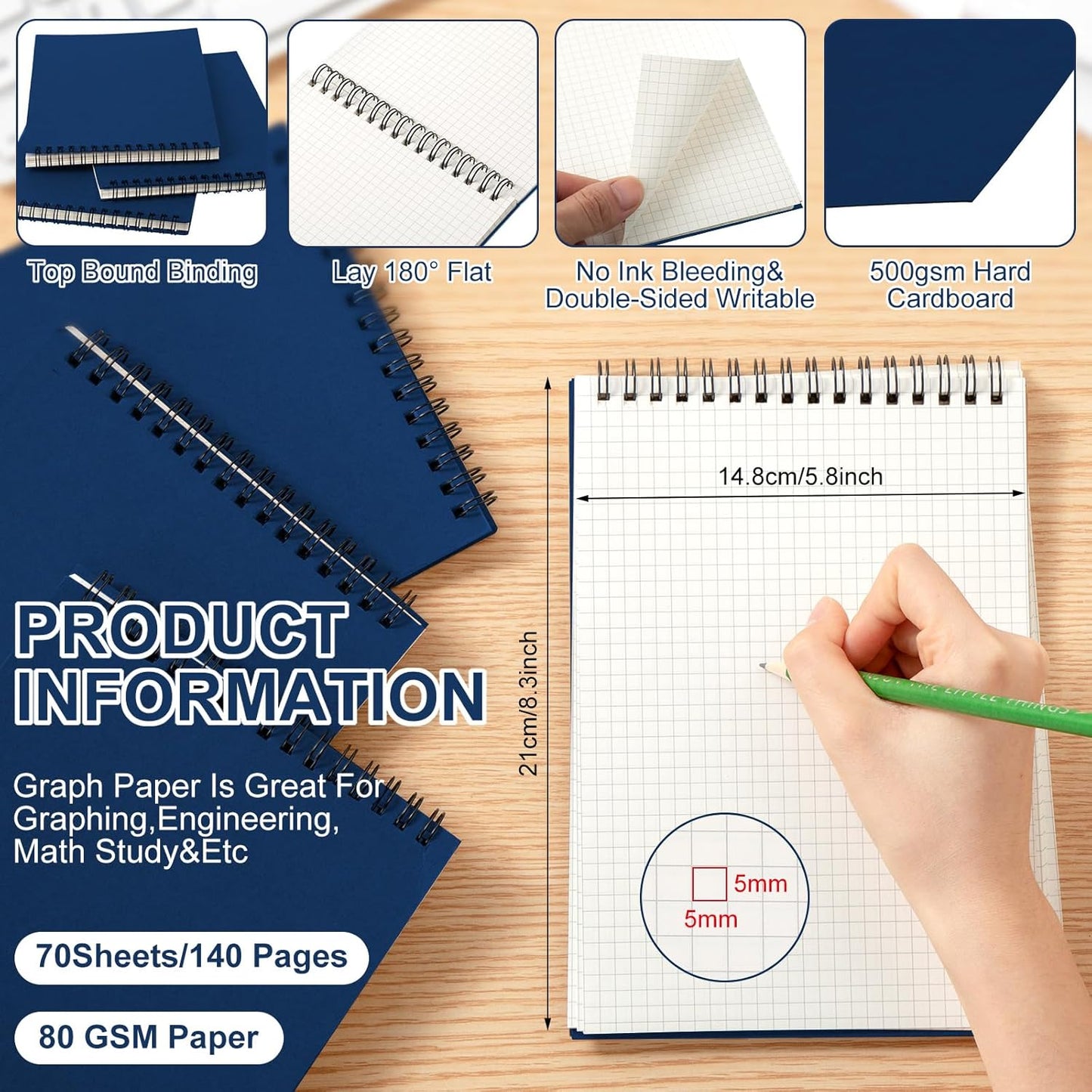 12 Pack Graph Paper Spiral Notepad A5 Top Wirebound Notepad Grid Notebook Steno Pads Memo Notebook Grid Paper 140 Pages for Writing Sketching Drawing Office Supplies (Blue)