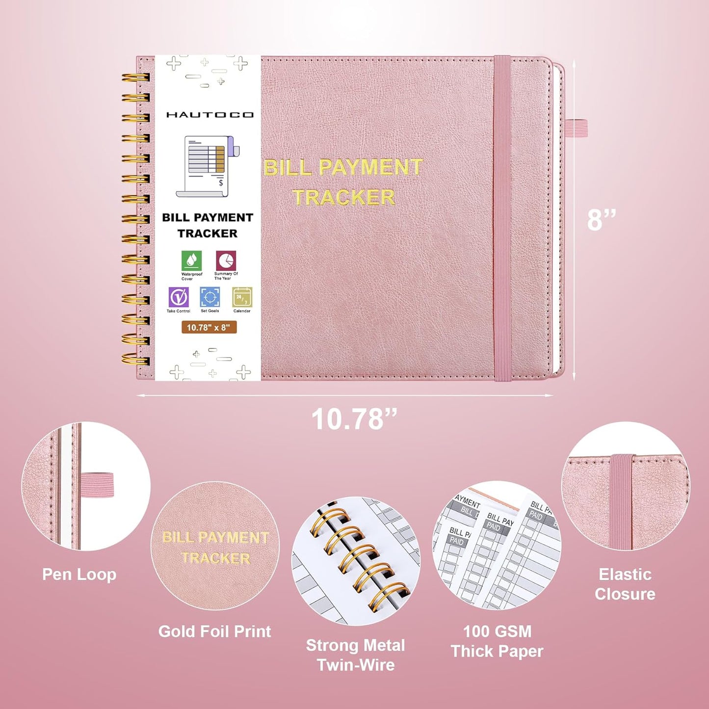 HAUTOCO Hardcover Bill Tracker Notebook Horizontal Monthly Bill Payment Organizer for Personal Budgeting Home Finance with 2 Storage Pocket Expense Checklist Tracking Planner 10.78 x 8'', Rose Gold