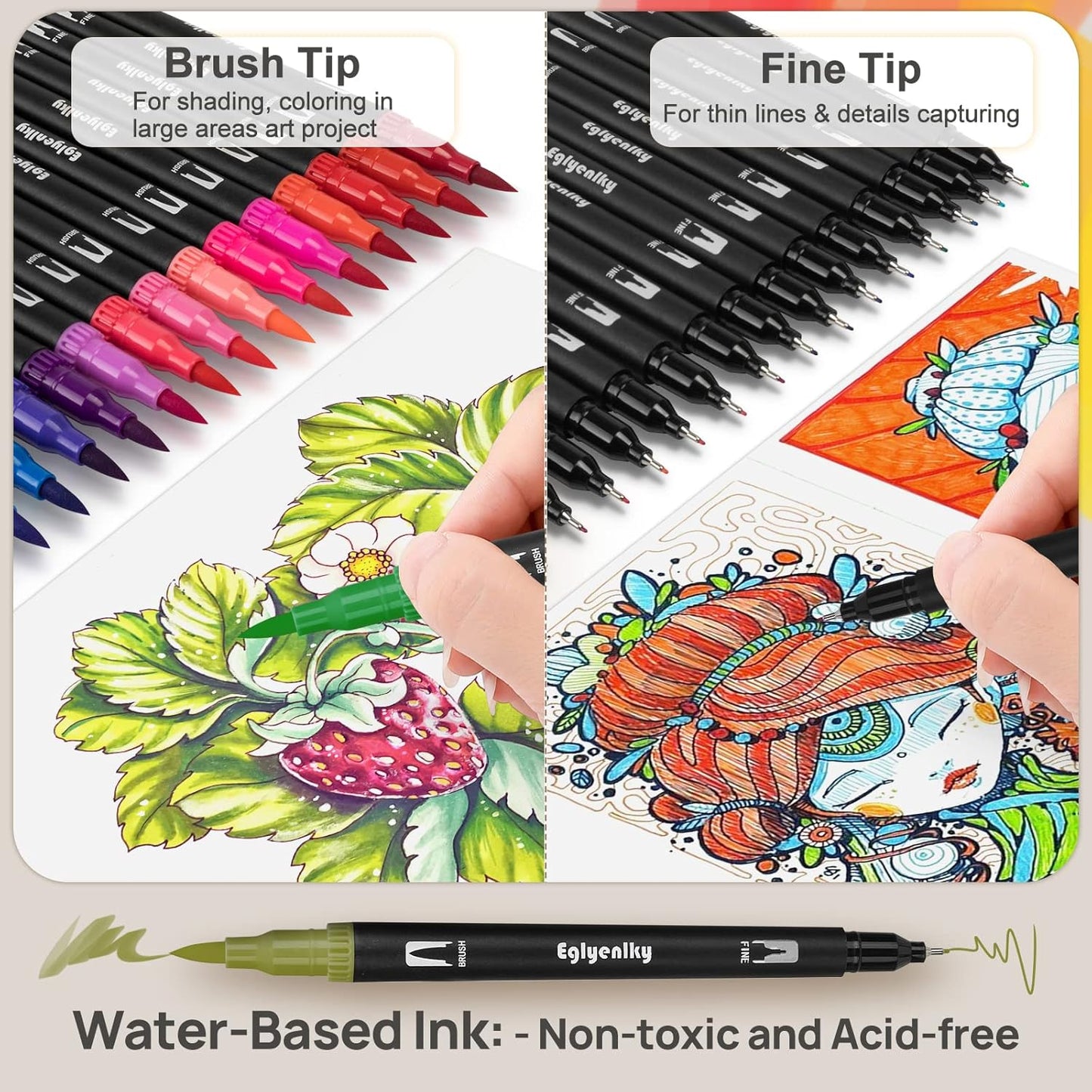 72 Dual Tip Brush Pens, Adult Coloring Markers with Fine and Brush Tip for Kid Adult Artist Drawing Journaling Lettering Calligraphy