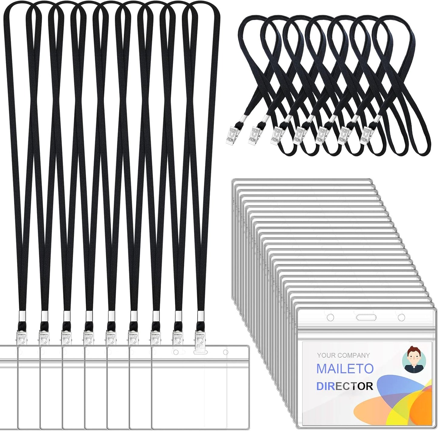 100Pcs Lanyards for Id Badges and 100 Pcs Clear Plastic Horizontal Name Badge ID Card Holders, Flat Neck Lanyards with Clip Waterproof Resealable Name Tag Badge ID Card Holders, Black