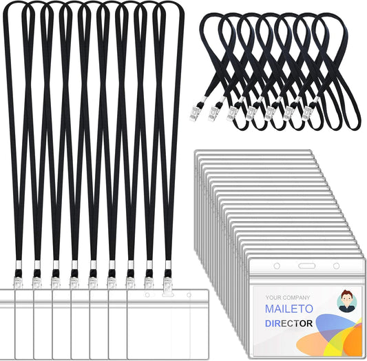 100Pcs Lanyards for Id Badges and 100 Pcs Clear Plastic Horizontal Name Badge ID Card Holders, Flat Neck Lanyards with Clip Waterproof Resealable Name Tag Badge ID Card Holders, Black