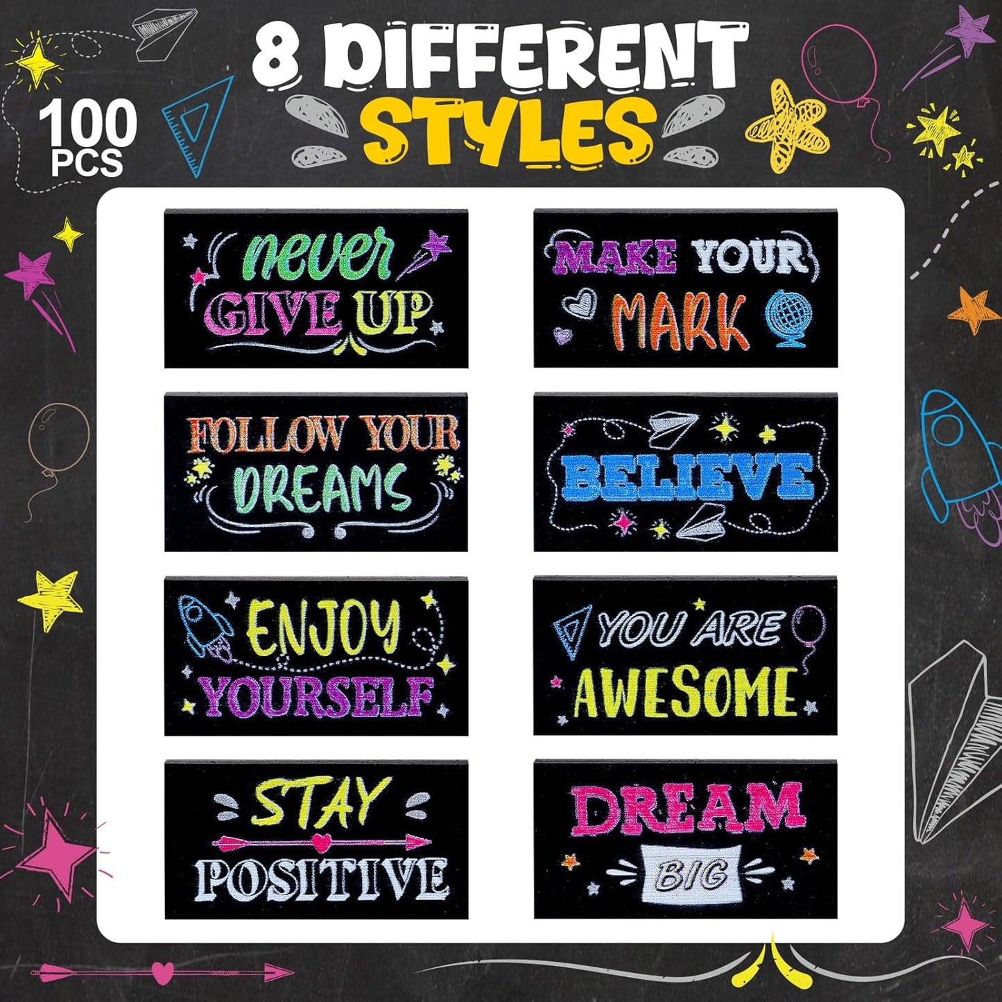100 Pcs Inspirational Pencil Erasers Bulk for Kids Fun Motivational Eraser School Supplies Back to School Office Supplies for Classroom Office Teacher Artists (Colorful Chalkboard)