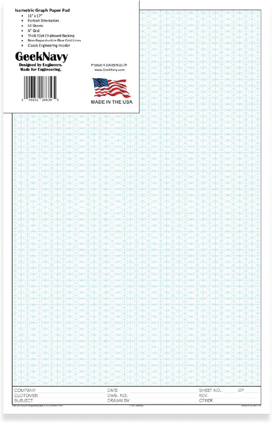 11" x 17" Isometric Graph Paper 50 Sheets Portrait - 0.25" Grid, Non-photo Blue, High Brightness, Drafting, Engineering, Art, 3D Design (1-Pack)
