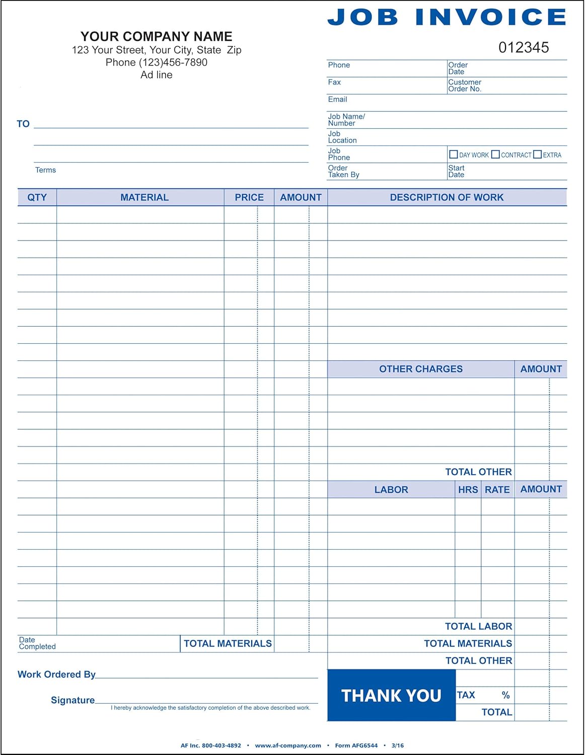 Job Invoice, 2 Copy (Duplicate), 8.5"x11" - Personalized for Free (250-Forms)